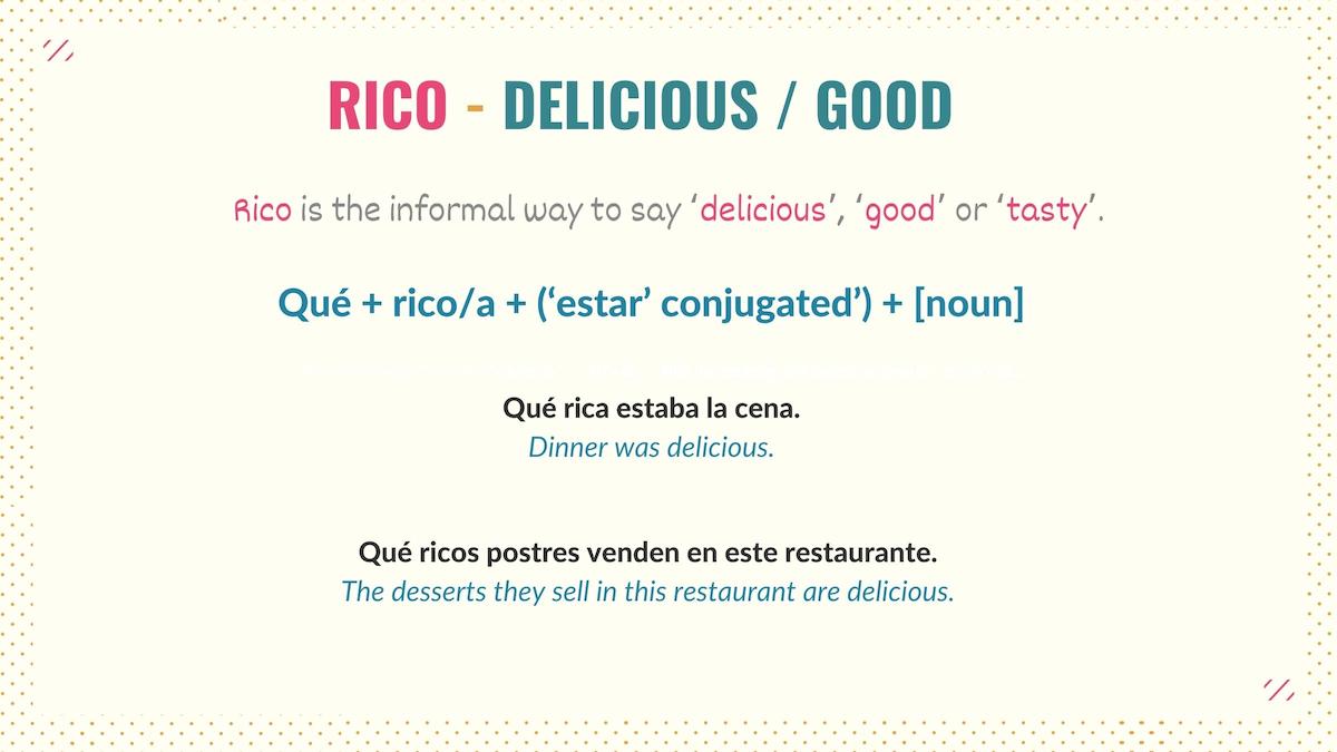 graphic showing how to use rico as a synonym of good in spanish