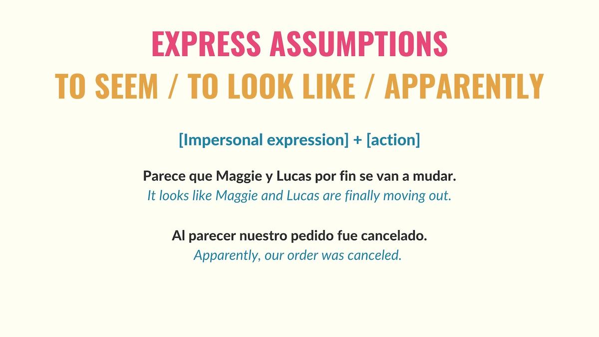 chart explaining how to use parecer as an impersonal verb in spanish