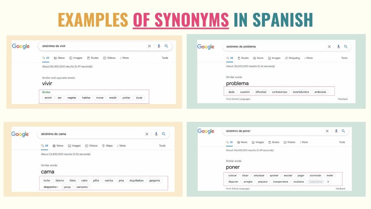 picture showing different synonyms in spanish