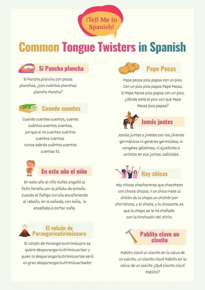 graphic with popular tongue twisters in spanish