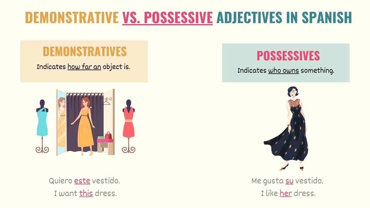 graphic showing the difference between demonstratives and possessive adjectives in spanish