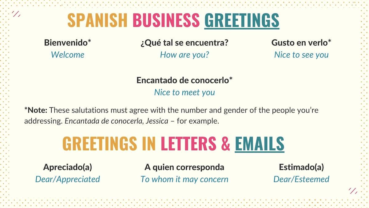 Graphic showing common formal greetings in Spanish