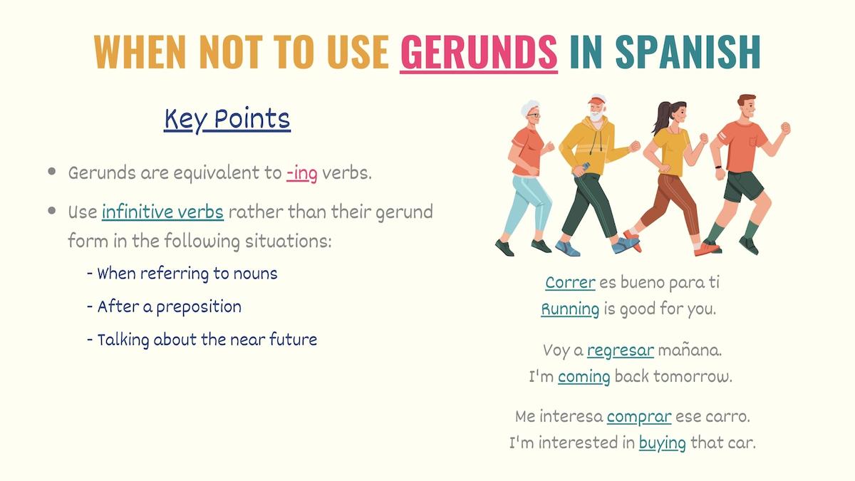 graphic explaining the differences between infinitives and gerunds in spanish