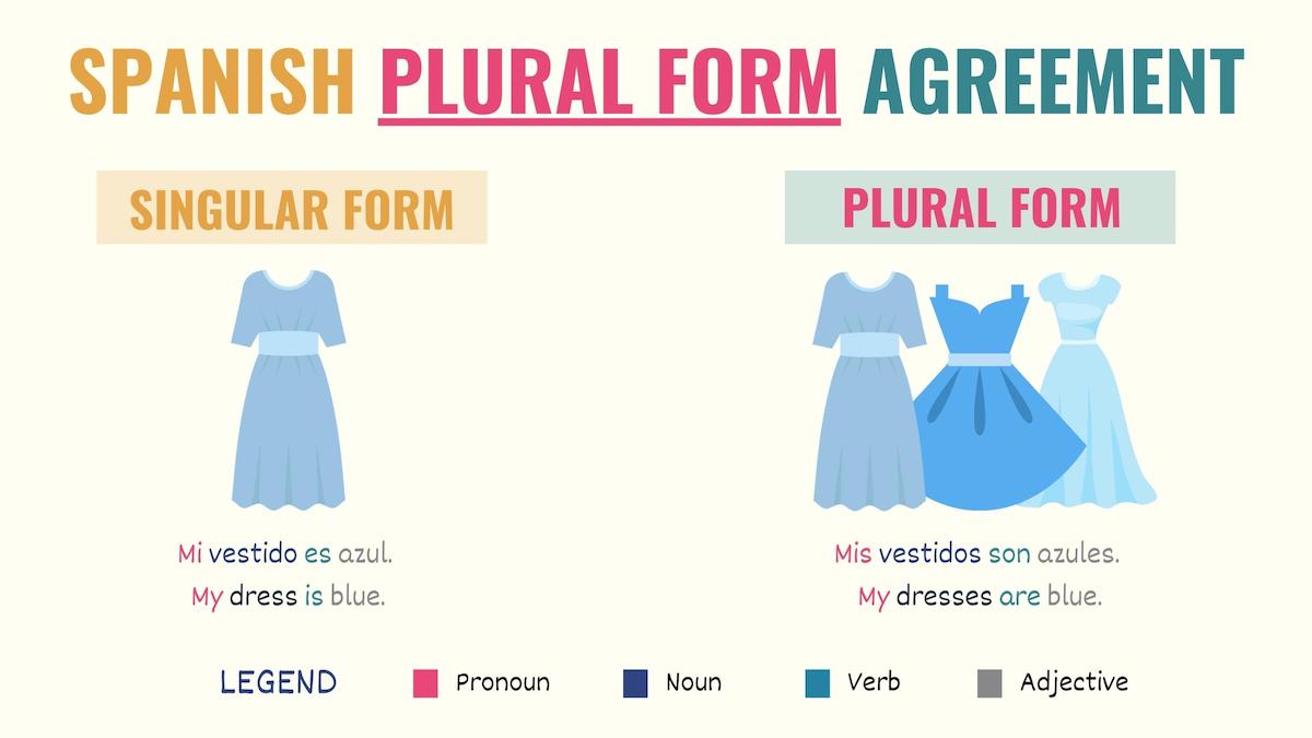 graphic showing noun, adjective, pronoun and verb agreement in Spanish plural words