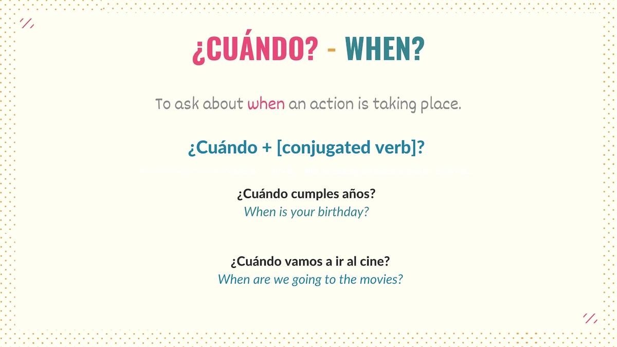 graphic with examples showing how to use the question word cuándo
