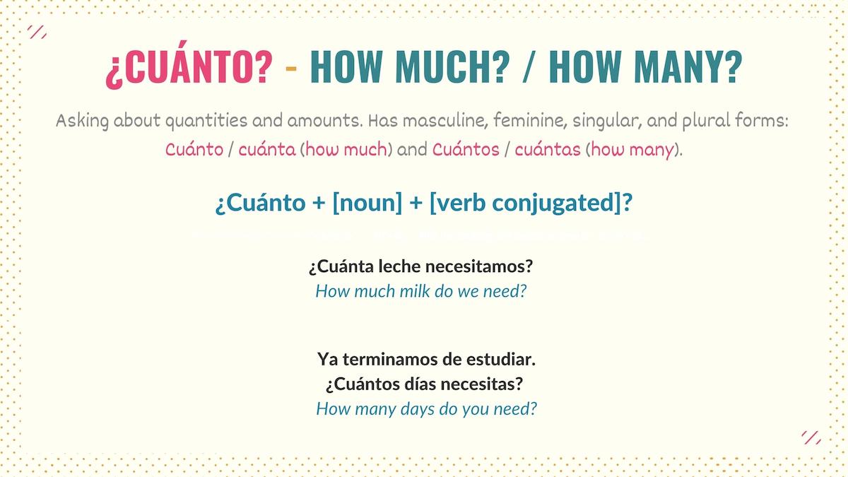 graphic showing how to use the question word cuánto in spanish