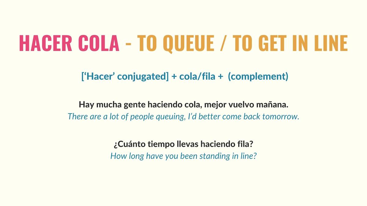chart showing how to use the expression hacer fila in spanish