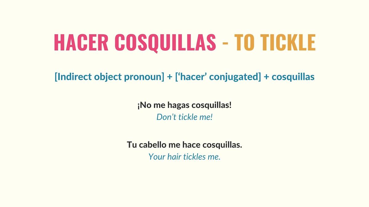 chart showing how to use the expression hacer cosquillas in spanish