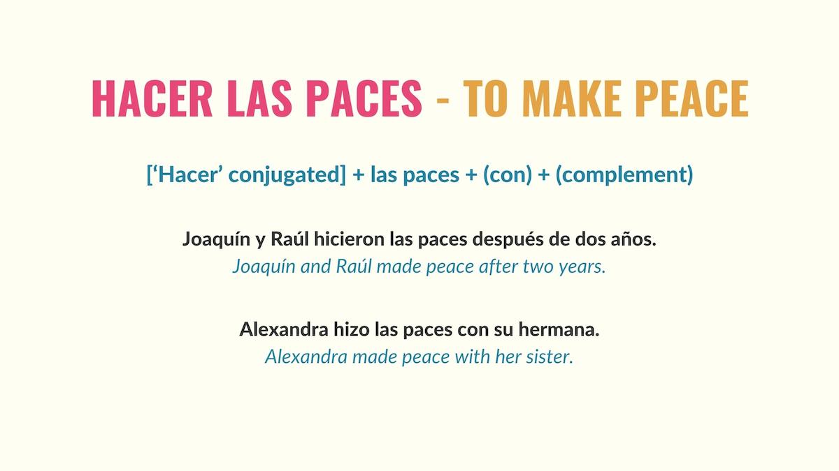 chart showing how to use the expression hacer las paces in spanish