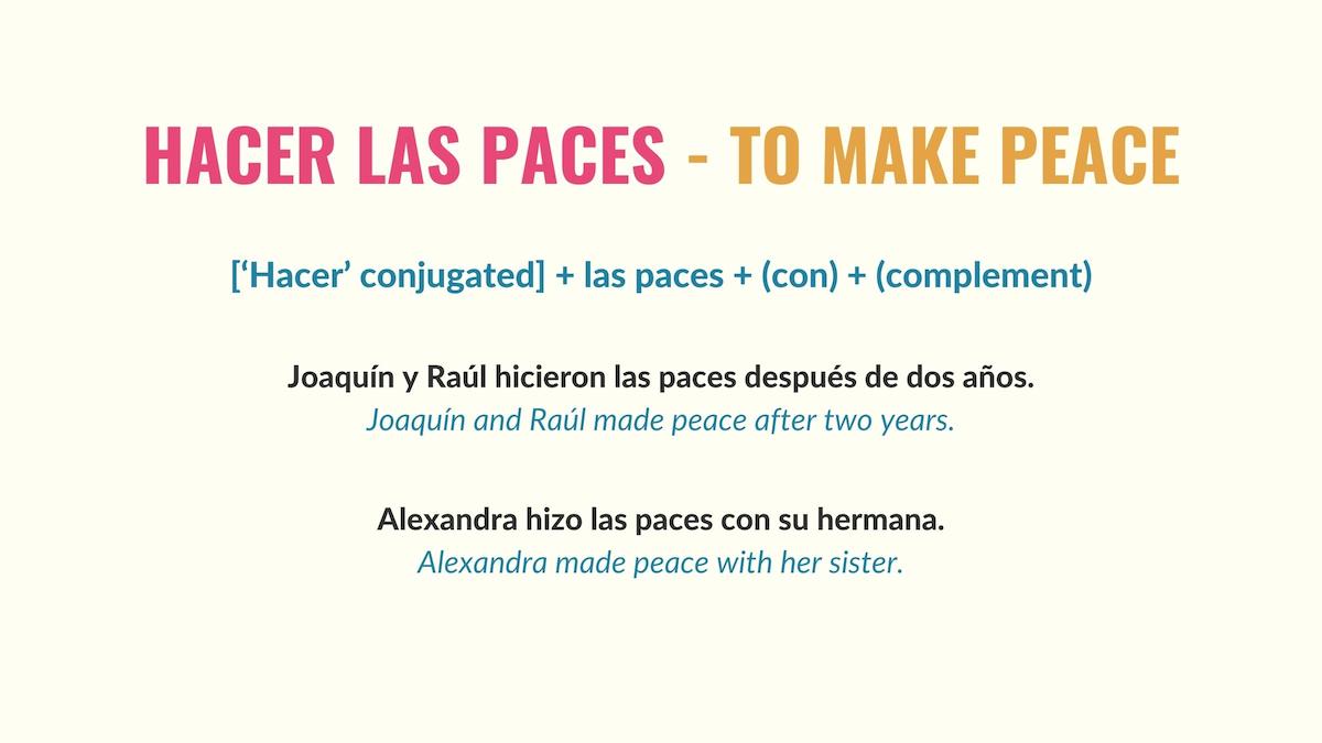 chart showing how to use the expression hacer las paces in spanish