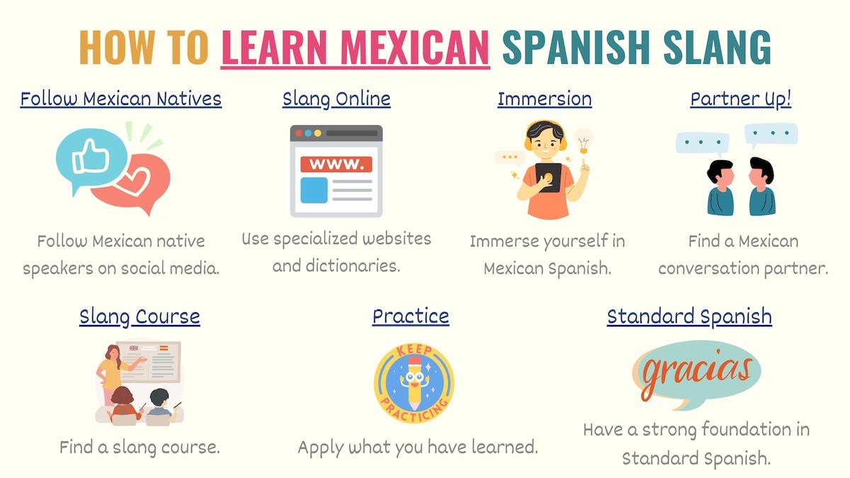 graphic with different tips to learn mexican spanish slang