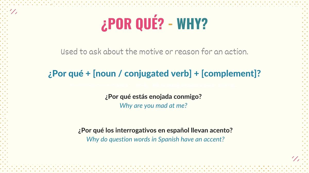 graphic showing how to use the question word porque in spanish