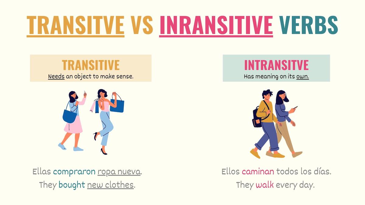 graphic showing the difference between transitive and intransitive verbs in spanish