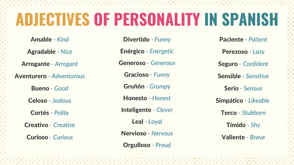 chart listing the most common adjectives to describe personality in spanish