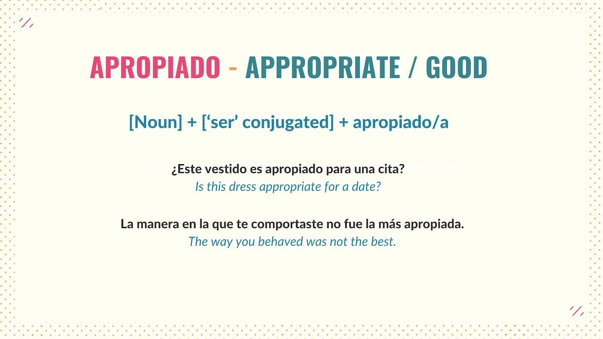 graphic showing how to use the word apropiado in spanish
