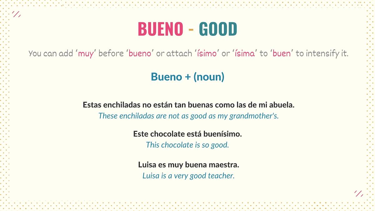 graphic showing how to use bueno in spanish with examples