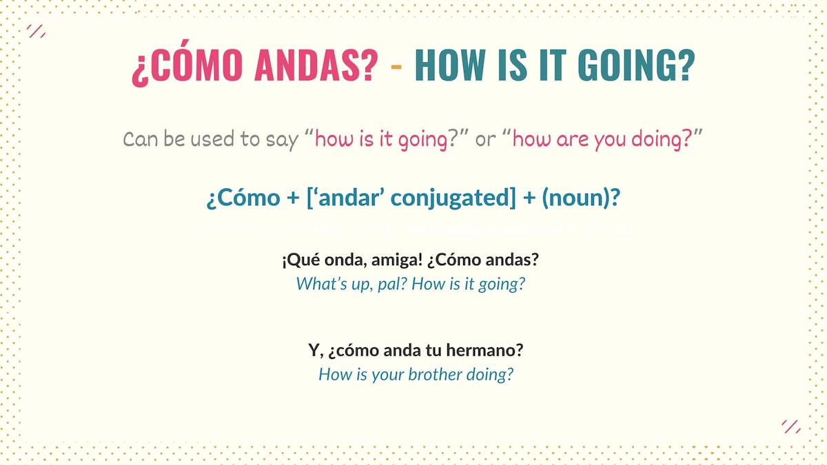 graphic explaining how to use como andas as a synonym of how are you in spanish