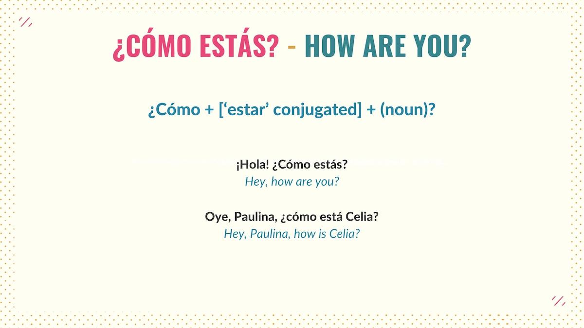 graphic with examples of how to use como estas in spanish