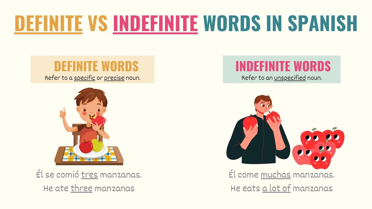 graphic explaining the differences between definite and indefinite words in spanish