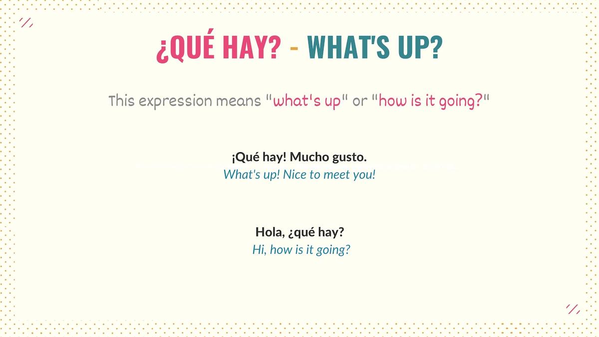 graphic showing how to use qué hay in spanish