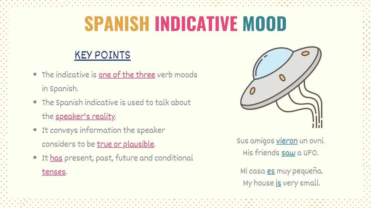 Graphic explaining the uses of the indicative mood in Spanish