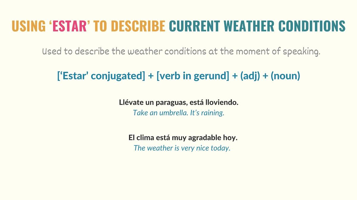 graphic explaining how to use estar to talk about weather conditions in spanish