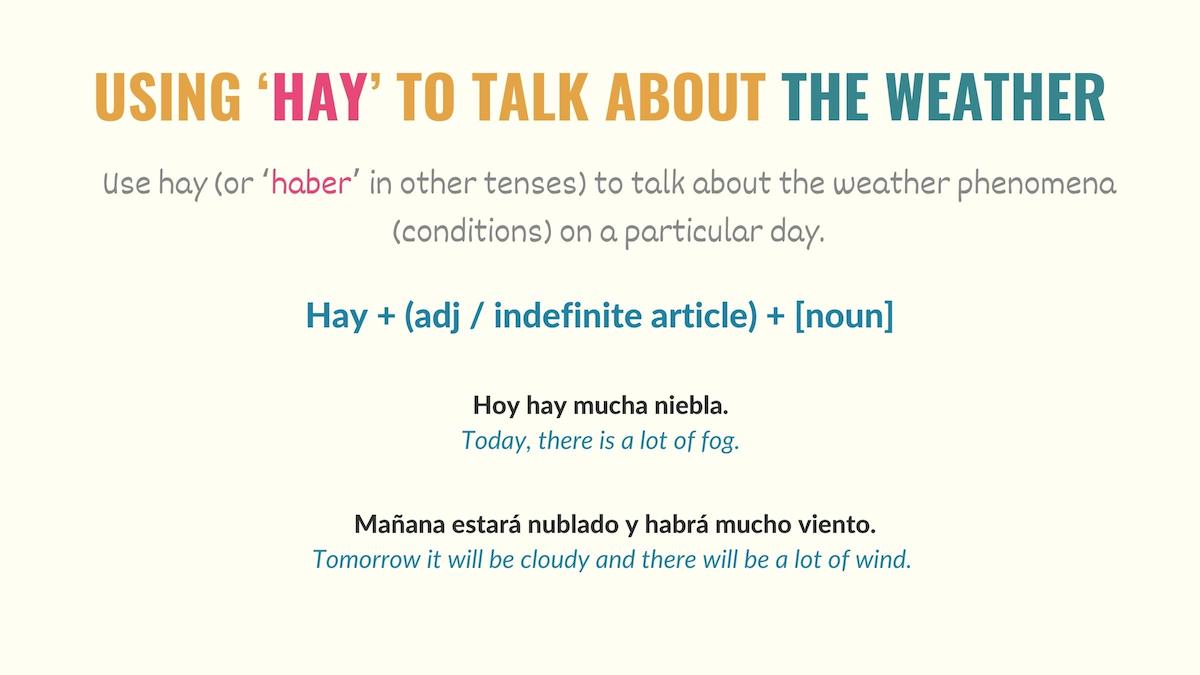 graphic showing how to use hay to talk about the weather in spanish