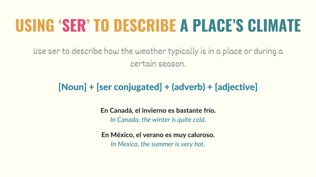 graphic showing how to use the verb ser to talk about the weather in spanish
