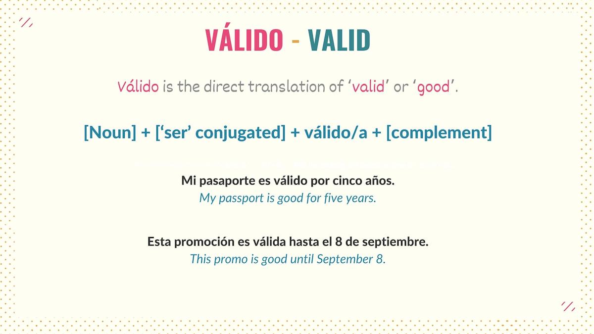 graphic showing how to use the word valido in spanish