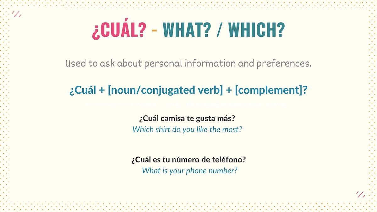 graphic showing how to use the question word cuál in spanish