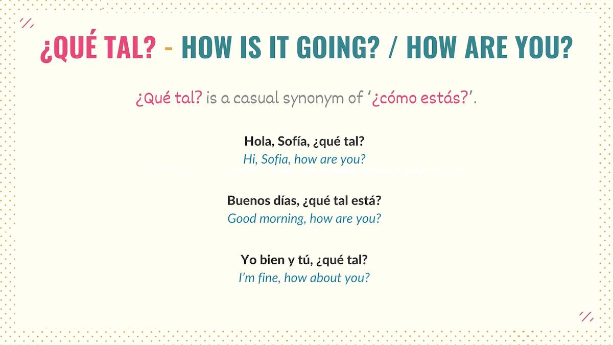 graphic showing how to use qué tal in spanish