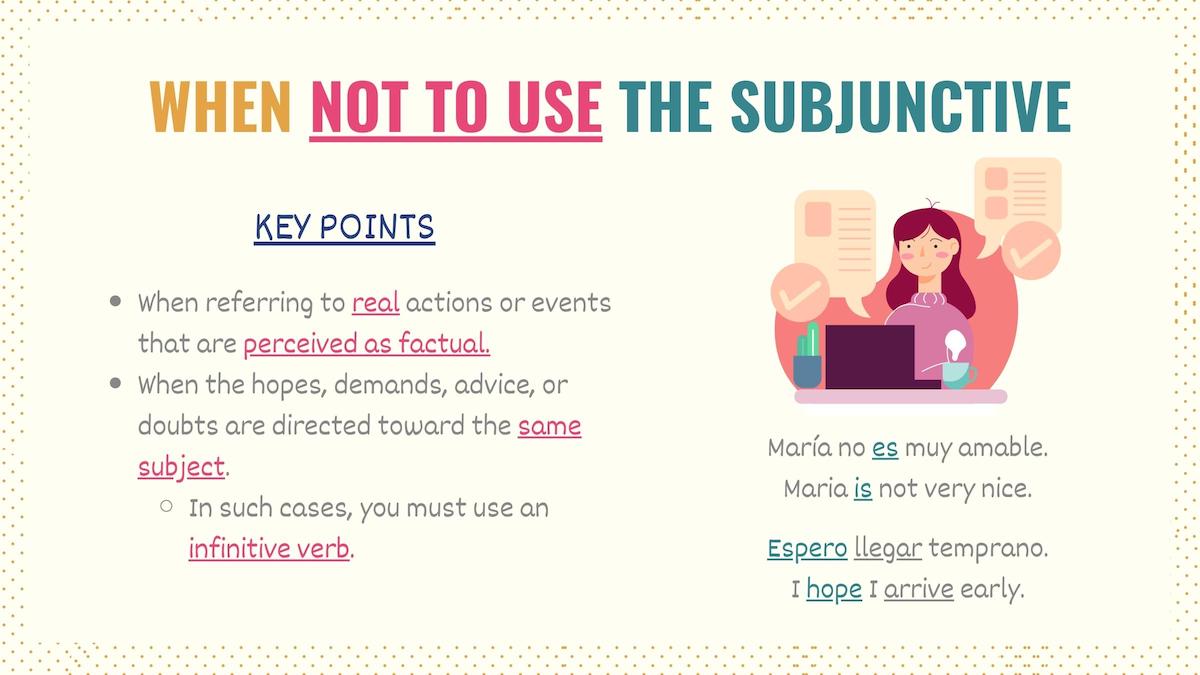 Graphic explaining how not to use the subjunctive in Spanish