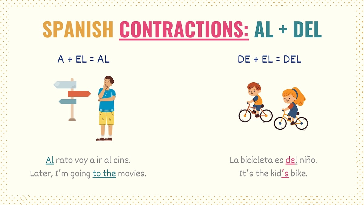 Graphic showing how to form the contractions al and del in Spanish