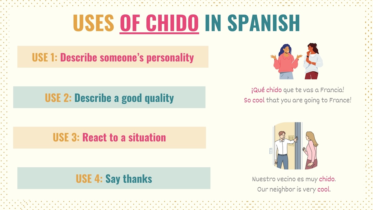 Graphic showing the different applications of chido in Spanish slang