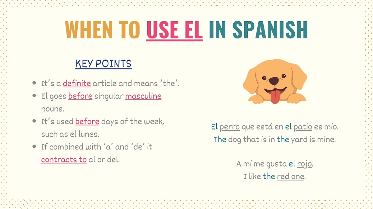 Graphic explaining how and when to use el in Spanish