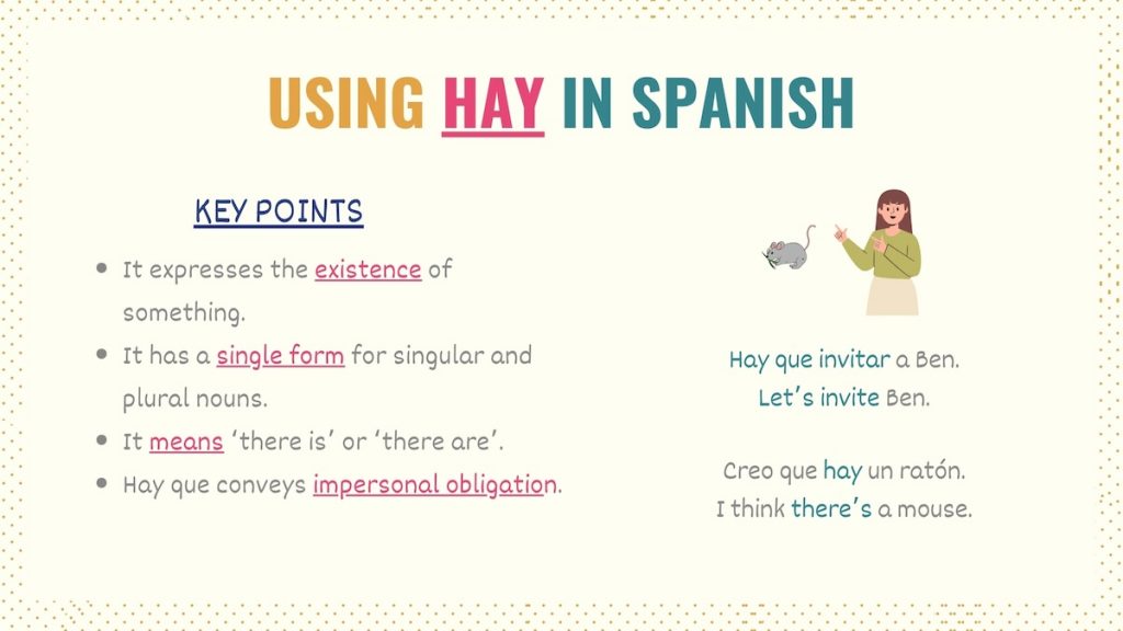 Graphic explaining the uses of hay in Spanish