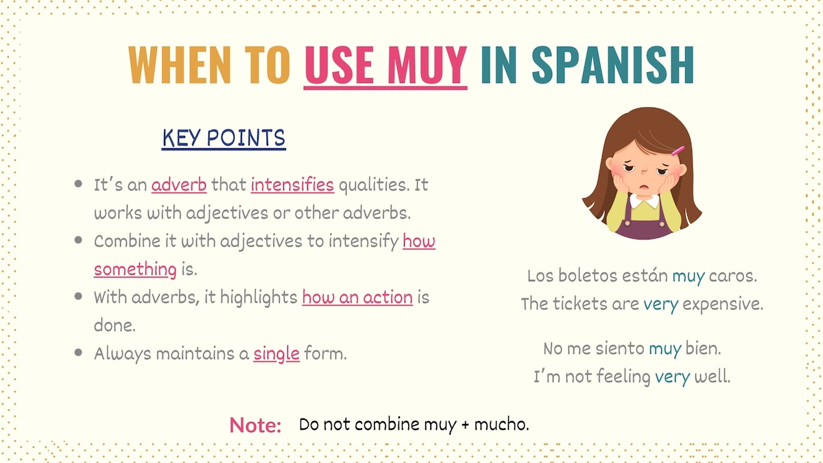 Graphic with keypoints explaining when and how to use muy in Spanish