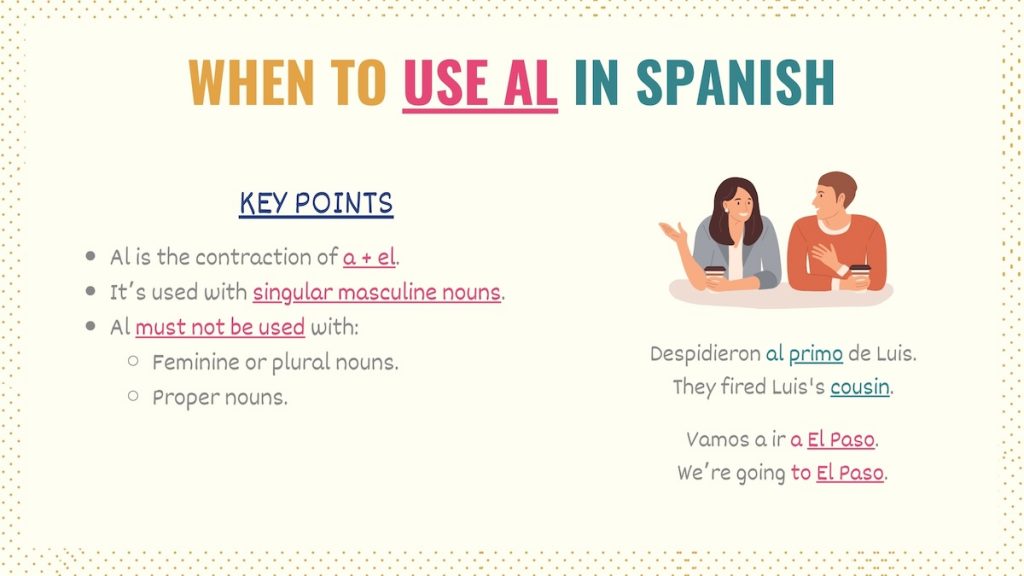 Graphic showing how to use al in Spanish