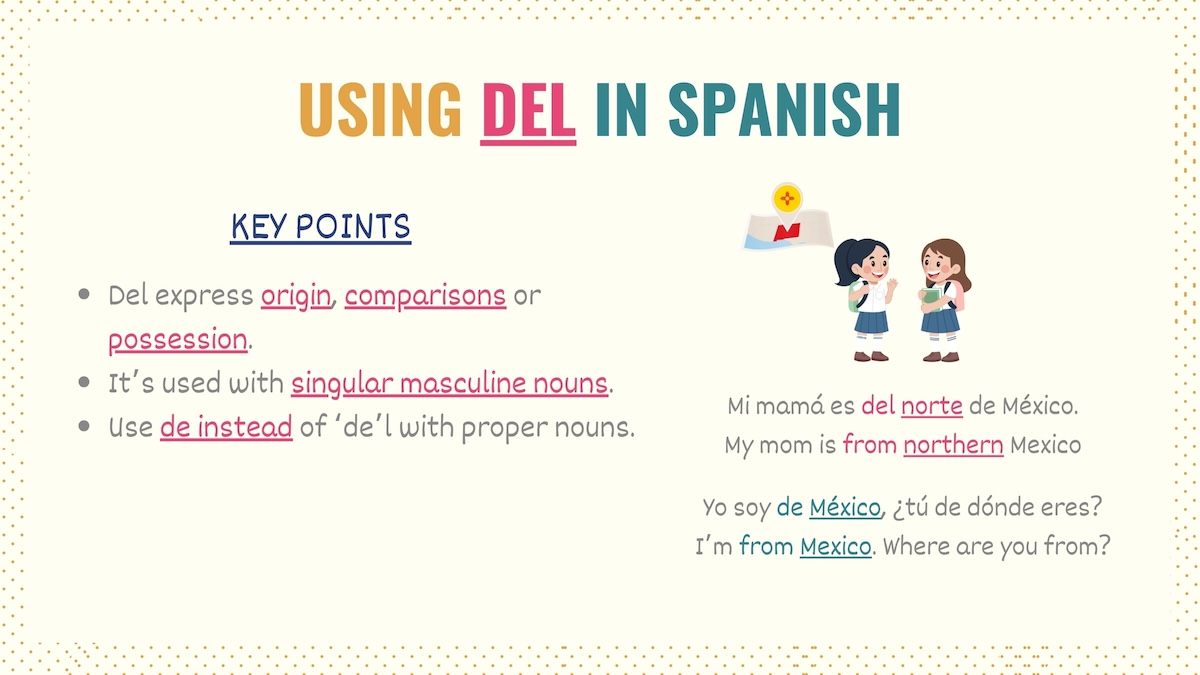 Graphic Showing how to Use Del in Spanish